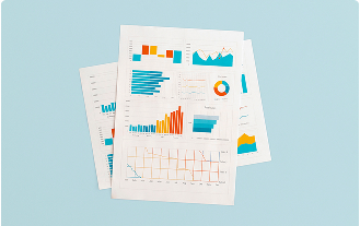 Report pages with graphs and statistics on a light blue background