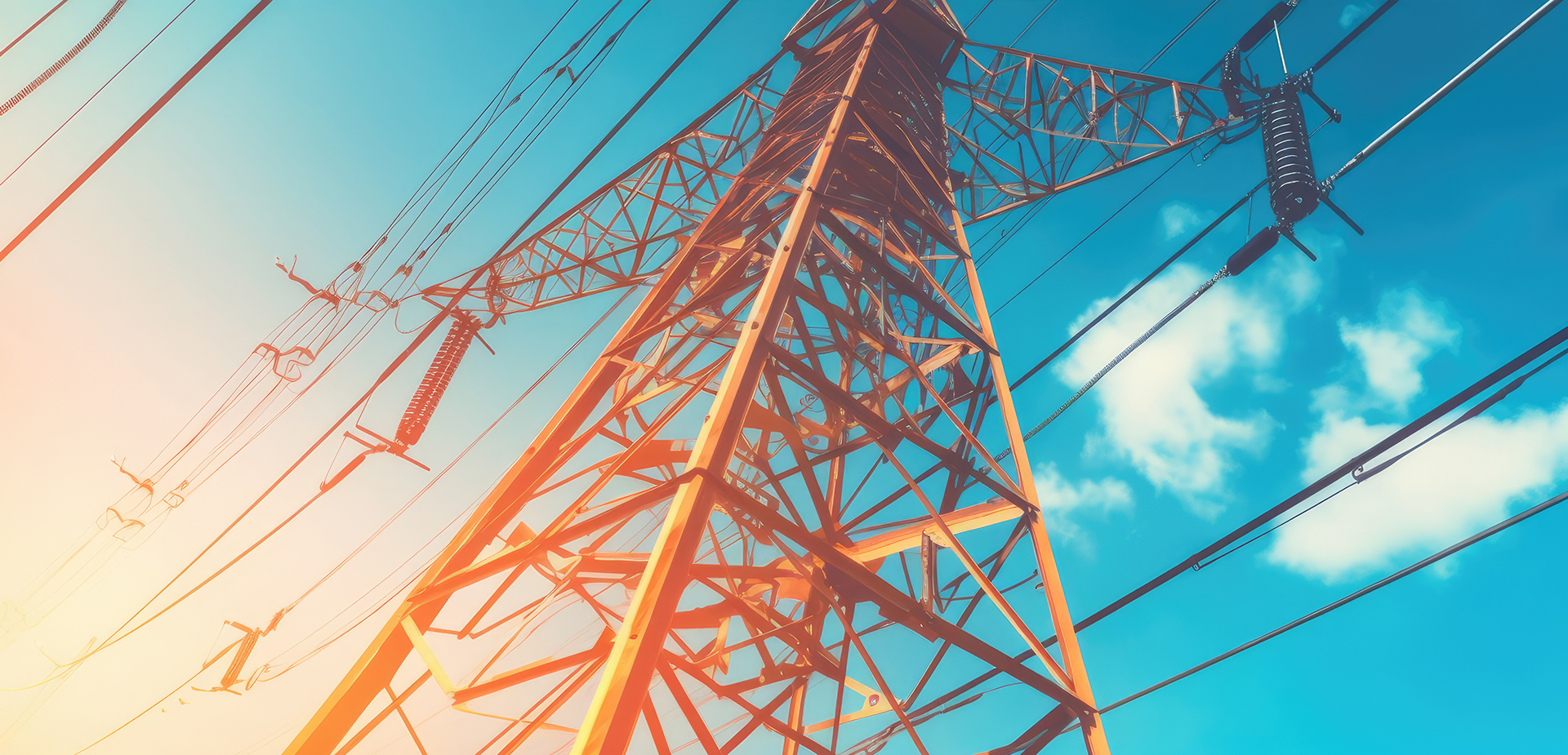 Upward view of a high-voltage transmission tower and power lines against a clear blue sky with scattered clouds and warm sunlight, symbolizing energy infrastructure and electricity distribution.